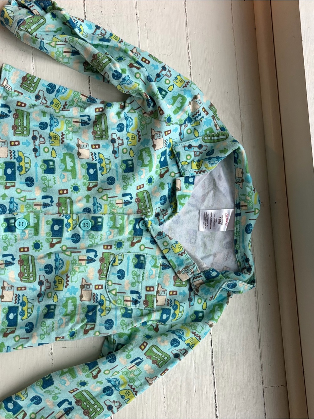 Zutano Light Blue Button-Up Pajama Top with Vehicle Print